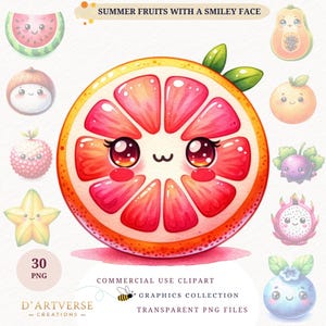 Paquete de imágenes prediseñadas de frutas kawaii de acuarela, lindas frutas de verano PNG, descarga digital, papel imprimible para niños, manualidades, diseño de camisetas, gráficos divertidos para tazas