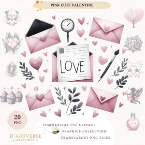 Paquete de imágenes prediseñadas de acuarela de San Valentín, lindo oso de peluche, Cupido, pájaros del amor, PNG, rosas rosadas, carta de amor, descarga digital, papel imprimible, manualidades, camiseta