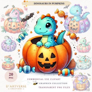 Watercolor Dinosaur Pumpkin Clipart Halloween Cute Dinosaur Graphics Fall Pumpkin Bundle Baby Dino PNG Autumn Nursery Dinosaur Illustration
