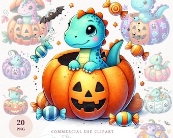 Watercolor Dinosaur Pumpkin Clipart Halloween Cute Dinosaur Graphics Fall Pumpkin Bundle Baby Dino PNG Autumn Nursery Dinosaur Illustration