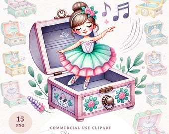 Watercolor Ballerina Clipart Music Box Ballet Dancer PNG Vintage Fairy Tale Illustration Pastel Princess Art Digital Download Girl Birthday