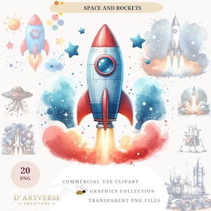 Space Rocket Clipart Bundle Kids Learning Science Stickers Space Ship PNG Digital Download Printable Watercolor Graphics for Teacher Craft