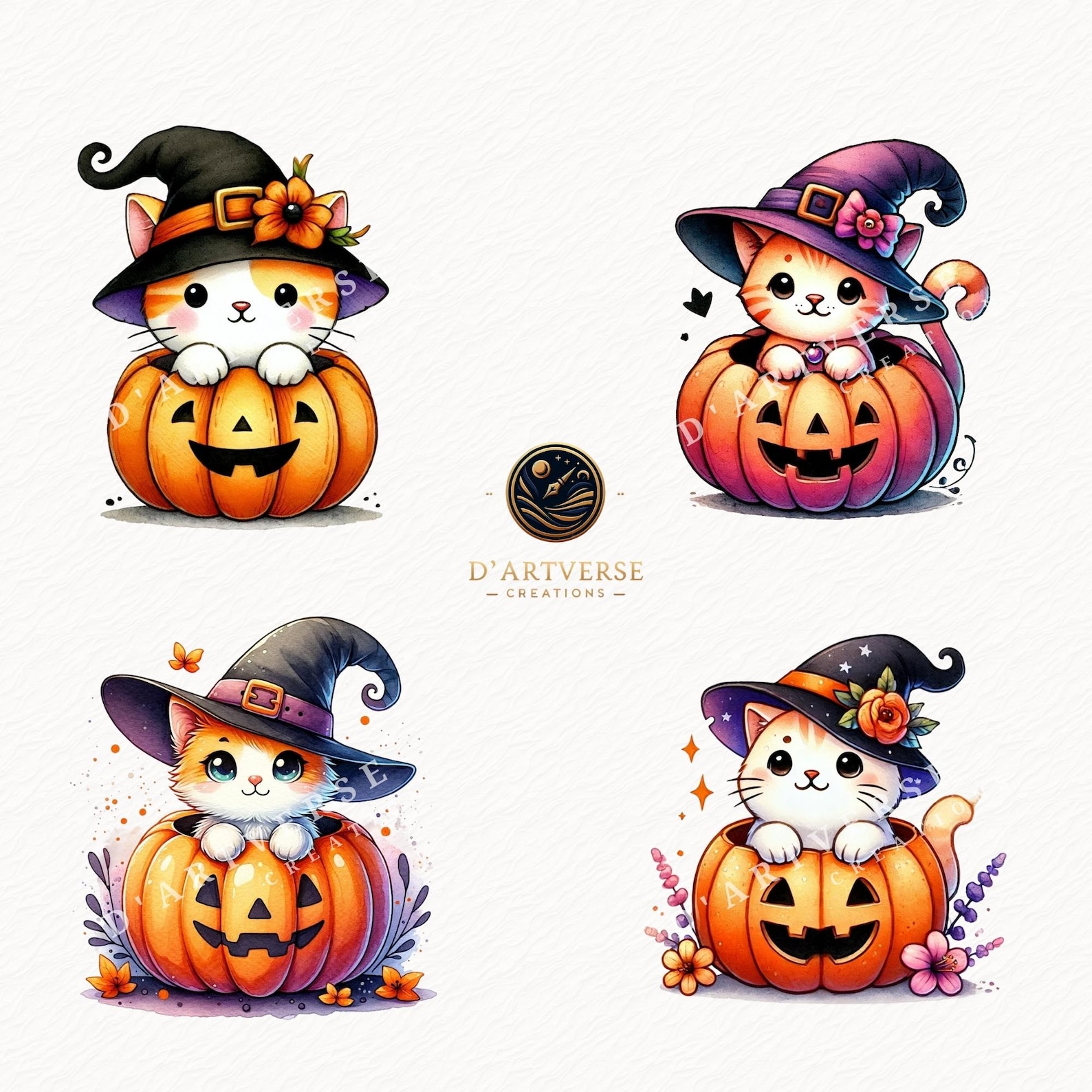 Watercolor Halloween Cat Clipart Set Cute Witch Cat and Pumpkin PNG ...
