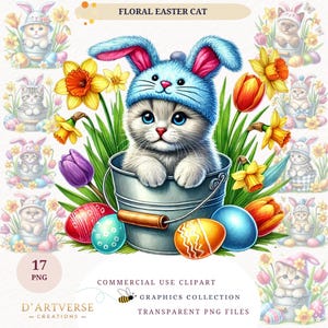 Cute Easter Kitten Clipart Watercolor Cat Easter Floral Nursery Art Printable Png Digital Download Paper Craft Shirt Print Design Mug Kids