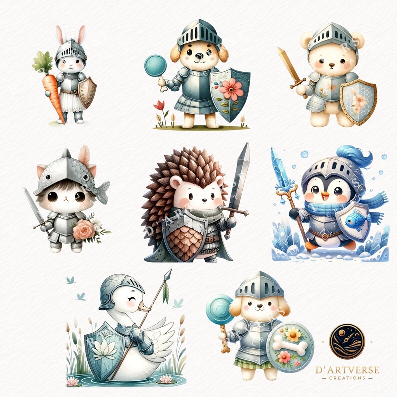 Cute Animal Knight Clipart Bundle Watercolor Medieval Fantasy Kingdom ...