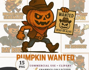 Op de afbeelding: Een cartoonillustratie van een pompoenpersonage verkleed als cowboy, met een "Wanted Dead or Alive" poster. De afbeelding bevat de tekst "Halloween Cowboy Pumpkin" en "Pumpkin Wanted". Extra afbeeldingen tonen de pompoen in verschillende Halloween-scenario's.