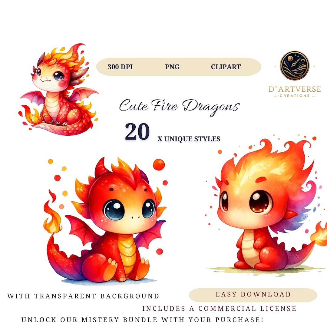 Watercolor Baby Dragons Clipart Cute Fantasy Graphics Fire Dragon PNG ...