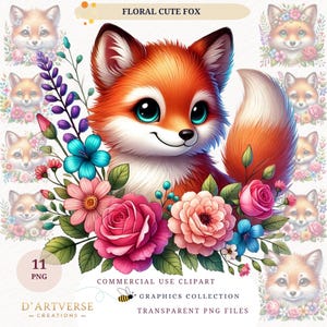 Ensemble de cliparts renard floral mignon animal des bois PNG sublimation imprimable téléchargement numérique artisanat en papier enfants graphiques Tshirt impressions Mug Design