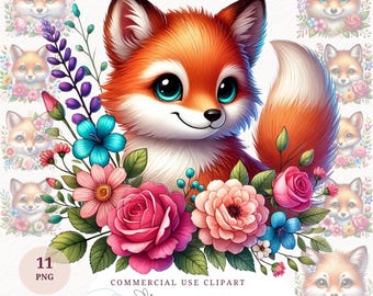 Floral Fox Clipart Bundle Cute Woodland Animal PNG Sublimation Printable Digital Download Paper Craft Kids Graphics Tshirt Prints Mug Design