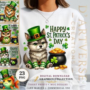Op de afbeelding: Wit sweatshirt met een cartoon wolf puppy met een groene kabouterhoed en outfit, samen met een pot goud en de tekst "Happy St. Patrick's Day". Bevat andere St. Patrick's Day-thema graphics.