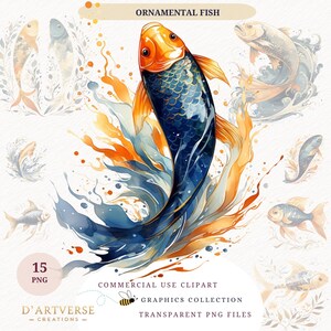 観賞魚のクリップアートバンドル 鯉 金魚 PNG 水族館アート 水生イラスト デジタルダウンロード 印刷可能な水彩画 PNG ペーパークラフト