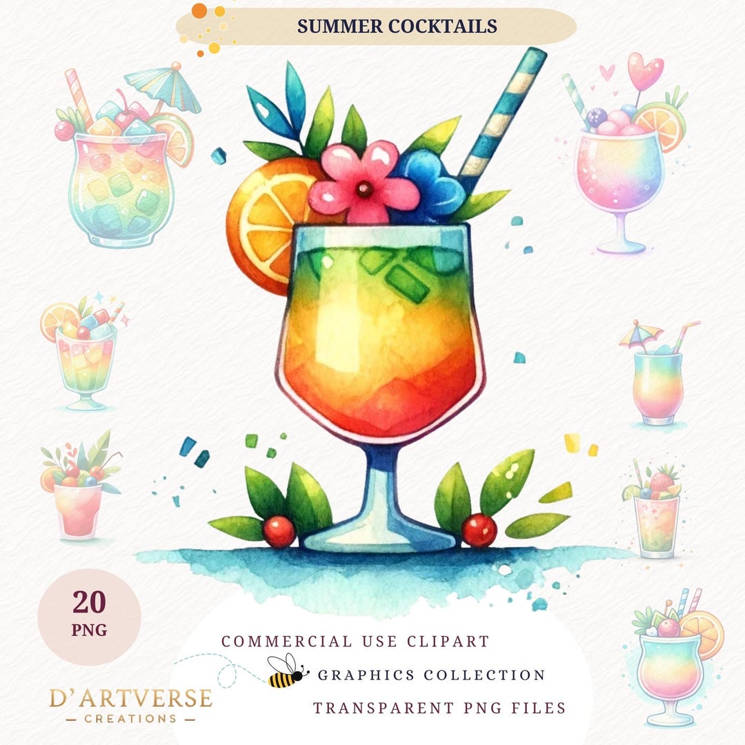 Watercolor Summer Cocktails Clipart Tropical Drink Graphics Summer ...
