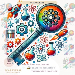 Ensemble de cliparts scientifiques coloré laboratoire icônes fusée PNG professeur de sciences graphiques imprimable aquarelle Png téléchargement numérique fabrication de cartes