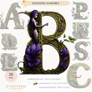 Alphabet magique Clipart créatures fantastiques lettres téléchargement numérique initiales licorne Dragon fées oeuvre d'art Scrapbooking conception graphique PNG