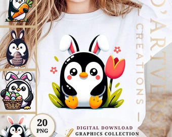 Lustige Ostern Pinguin Clipart Aquarell Bunny Kostüm PNG Frühling Eiersuche Digitaler Download Druckbare Kinderzimmer Dekor Papier Handwerk Shirt Design
