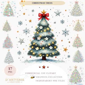 Bundle de cliparts arbre de Noël aquarelle hiver arbre PNG ornements décoration de vacances téléchargement numérique carte imprimable conception chemise impressions tasse Png