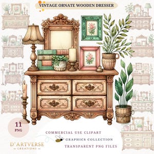 Vintage Dresser Clipart Bundle Ornate Furniture PNG Floral Wood Decor Digital Download Card Making Paper Craft Scrapbooking Junk Journal Png