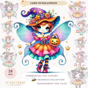Conjunto de imágenes prediseñadas de hadas de Halloween, acuarela, bruja, hada, PNG, linda fantasía, descarga digital, diseño de camiseta de fantasía imprimible, impresiones de tazas, manualidades de papel
