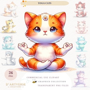 Pacote de clipart de gatos de ioga em aquarela, gatinho fofo PNG, download digital, adesivos para impressão, bem-estar, esporte, gato, arte, camisa, design, caneca infantil, gráfico