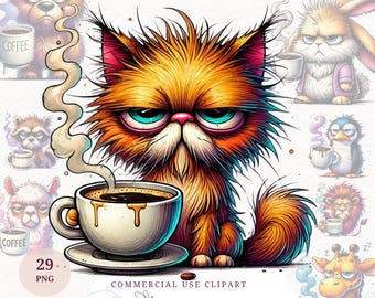 Grumpy Animal Coffee Clipart Bundle Watercolor Funny Animal PNG Coffee Lovers Digital Art Printable Card Making Mug Design Tshirt Graphics