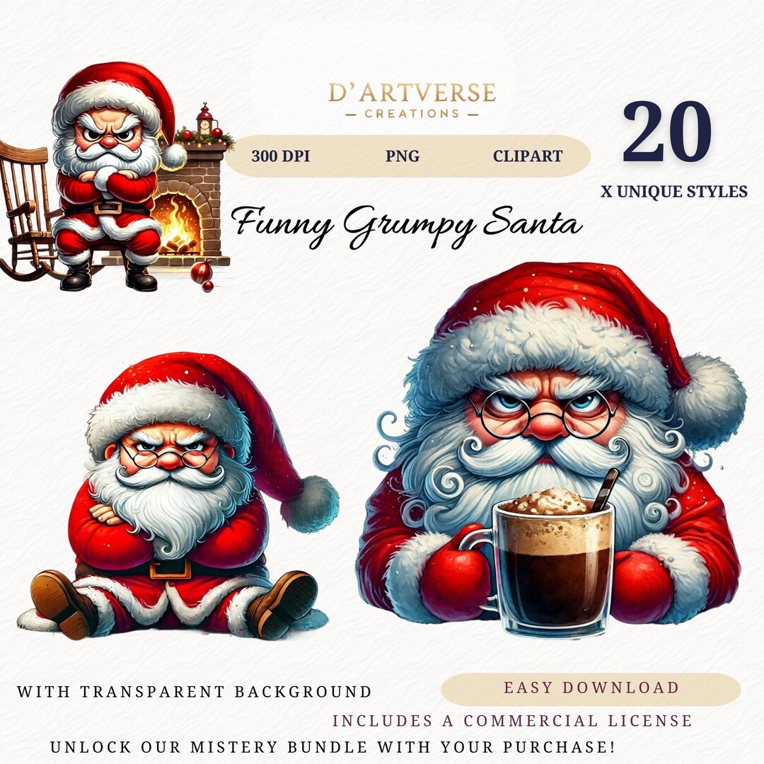 Funny Grumpy Santa Clipart Bundle Watercolor Christmas Santa ...