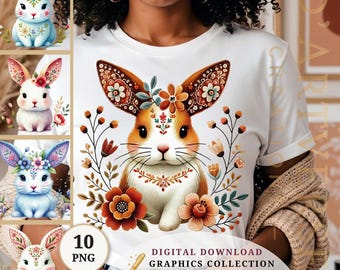 Floral Bunny Png Bundle Easter Rabbit Folk Art Spring Shirt Design Commercial Use Digital Download