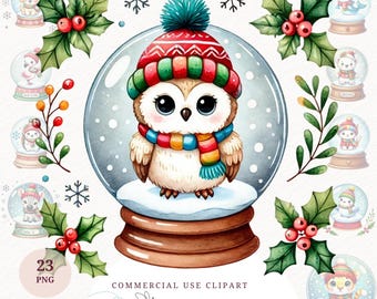 Akvarell snöglob clipart paket söta djur julgrafik semester vinter sublimering barnrum konst utskrivbar digital nedladdning design