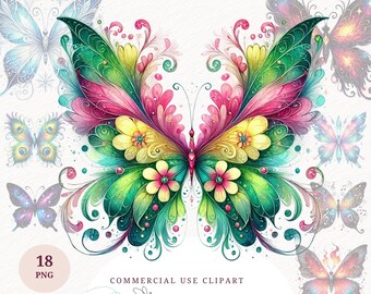 Watercolor Butterfly Clipart Bundle Fantasy Floral Designs Printable High Quality Png Digital Download Sublimation Stickers Scrapbook Art