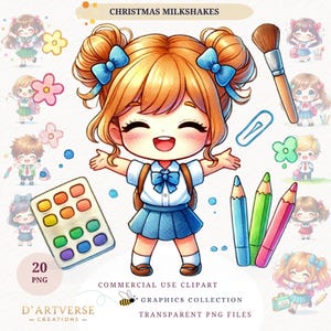 Zestaw akwareli z powrotem do szkoły Clipart Cute Cartoon Kids PNG School Children Illustration Shirt Digital Download Printable Paper Craft Kubek