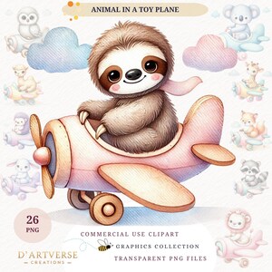 Bebê Animal Avião Clipart Pacote Aquarela Animais Bonitos em Avião de Brinquedo PNG Arte de Berçário Chá de Bebê Imprimível Digital Download Design de Camisa