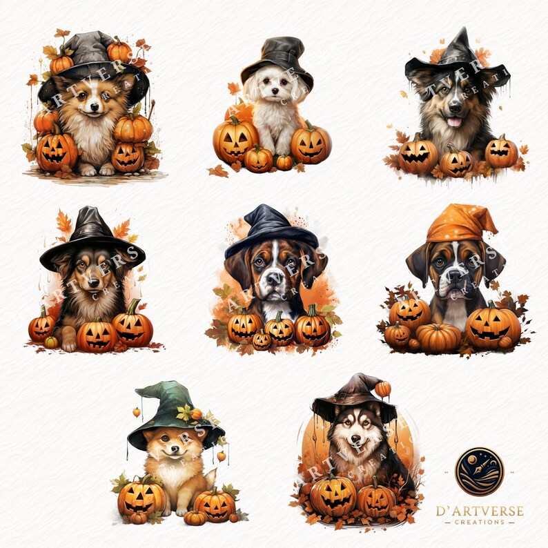 Dog Halloween Clipart Bundle Cute Fall Pumpkins PNG Witch Hat Dog Art ...