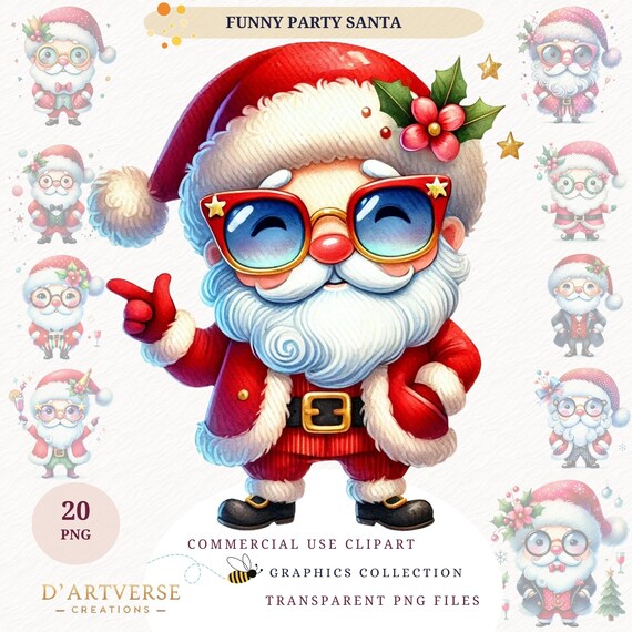 Funny Santa Clipart Bundle Watercolor Christmas PNG Cute Holiday