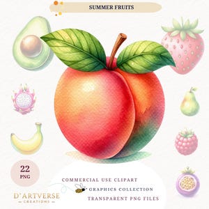 Watercolor Tropical Fruit Clipart Bundle Exotic Summer Food PNG Digital Download Printable Paper Craft Shirt Prints Kids Design Summer Fruit