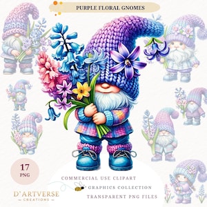 Purple Floral Gnome Clipart Bundle Spring Watercolor Lavander Gnome Love Printables PNG Digital Download Paper Craft Mug Design Tshirt Print
