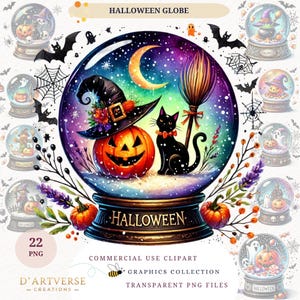 Halloween Magic Globe Clipart Bundle Watercolor Haunted House Witch Pumpkin Ghost Sublimation PNG Digital Download Printable Paper Craft Png