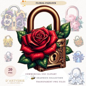 Floral Liebe Schloss Clipart Bundle Aquarell Vorhängeschloss PNG Hochzeit Einladung Dekor Kartendesign Digital Download druckbare Papier Handwerk Grafiken
