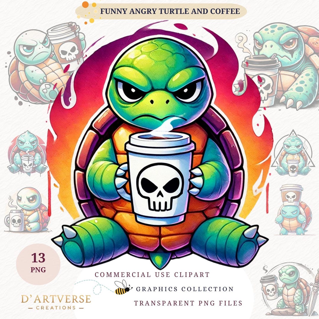 Grumpy Coffee Turtle Animal Clipart Cute Sea Animals PNG Grumpy Animal ...