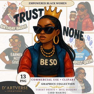 Black Woman Clipart Bundle Empowered Afro Woman PNG Boss Babe Birthday Baddie Manifest Queen Sublimation Art Tshirts Design Mug Card Crafts