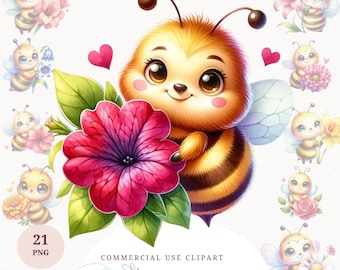 Watercolor Cute Bee Clipart Bundle Floral PNG Nursery Decor Digital Download Printable Baby Shower Card Summer Paper Craft Shirt Design Kids