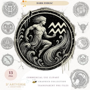 Donkere dierenriem clipart bundel gotische astrologie symbolen PNG mystieke horoscoop afdrukbare digitale download hemelse kunst shirt design mok wordt afgedrukt