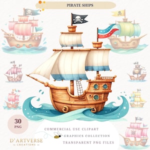 Watercolor Pirate Ships Clipart Bundle Digital Pirate Ship Graphics Nautical Theme PNG Pirate Boat Illustrations Kids Party Decorations POD