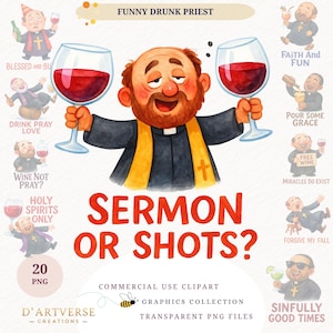 Lustiger Priester Clipart Bundle Drink Zitate Heilige Geister PNG Wein Witz Sublimation Design Digitaler Download Shirt Design Drucke Spaß Karten Becher