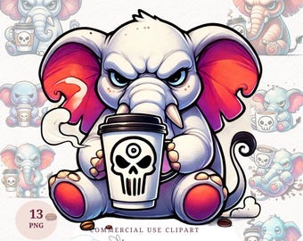 Paquete de imágenes prediseñadas de café con elefante gruñón, acuarela, animal divertido PNG, amantes del café, arte digital, tarjetas imprimibles, diseño de tazas, gráficos de camisetas