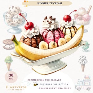 Watercolor Ice Cream Clipart Summer Desserts PNG Ice Cream Truck Cones Sundaes Digital Download Printable Card Making Paper Craft Journal