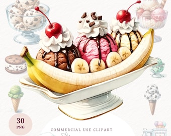 Watercolor Ice Cream Clipart Summer Desserts PNG Ice Cream Truck Cones Sundaes Digital Download Printable Card Making Paper Craft Journal