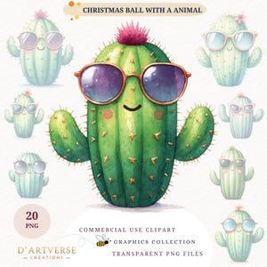 Bundle de cliparts cactus aquarelle Cactus drôle avec lunettes de soleil PNG plante mignonne en téléchargement numérique chemise d'été imprimable Design amusant tasse graphiques