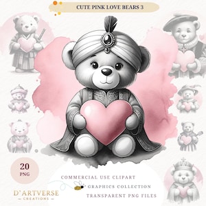 Pink Love Bears Watercolor Clipart Bundle Romantic Teddy Holding Heart PNG Digital Download Printable Valentine Card Mug Design Love Shirt