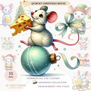Quirky Christmas Mouse Clipart Bundle Watercolor Holiday Animal Graphic Cute Cheese Mouse PNG Winter Illustration Printable Digital Download