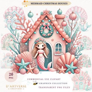 Mermaid Christmas House Clipart Watercolor Fantasy Holiday PNG Bundle Cute Mermaid House Digital Graphics Underwater Christmas Nursery Card