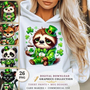Op de afbeelding: Digitale download grafische collectie met illustraties van dieren met het thema St. Patrick's Day. Bevat een luiaard, een egel, een hert, een panda en een kat, allemaal gekleed in groene outfits en hoeden, met koffiemokken met klavers. De collectie bevat 26 PNG-bestanden.